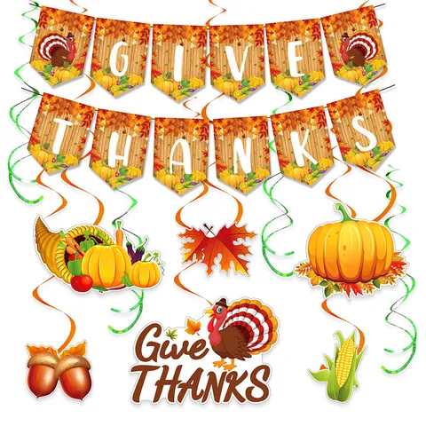 Decorazioni per il Ringraziamento Striscione Give Thanks Striscione Raccolto Autunnale Spirali Appese Tacchino Zucca Foglia di Acero Mais Cornucopia per Casa Interno Festa
