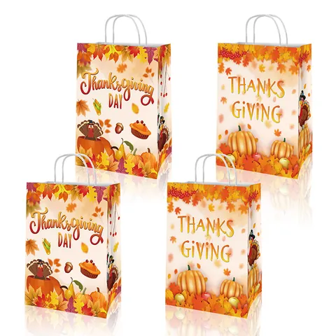 Sacchetti Regalo in Carta Kraft per il Ringraziamento Con Manici Design Zucca Tacchino Foglia di Acero per Festa