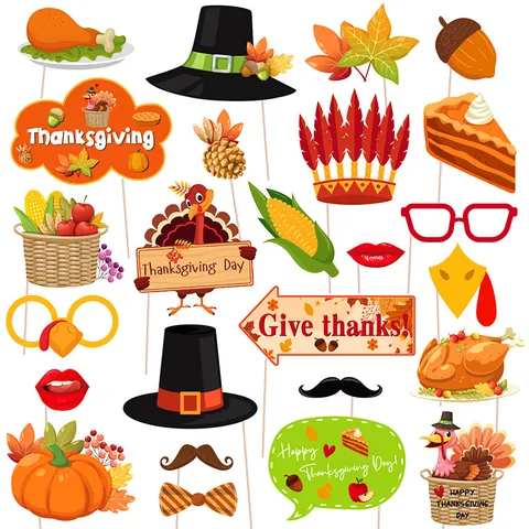 Thanksgiving Photo Booth Props Turkey Pumpkin Maple Leaf Pilgrim Hat Paper Cardboard Selfie Props For Autumn Harvest Party Decoration
