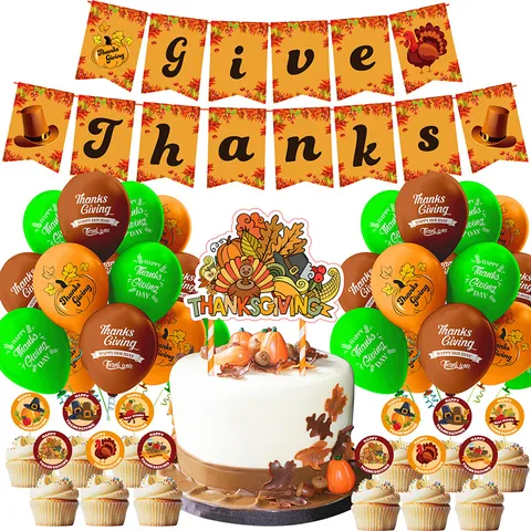 Set Decorazioni Festa del Ringraziamento Banner Cake Topper Palloncini Per Autunno Raccolto Tacchino Zucca Foglia d'Acero Celebrazione