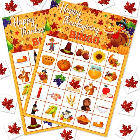 Thanksgiving Bingo Game Cards And Maple Leaf Marking Chips Turkey Pumpkin Patterns For School Family Activity Party Decoration