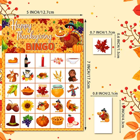 Thanksgiving Bingo Game Cards And Maple Leaf Marking Chips Turkey Pumpkin Patterns For School Family Activity Party Decoration