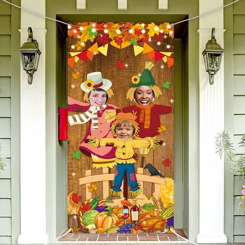 Thanksgiving Photo Booth Prop Banner Harvest Theme Scarecrow Face Cutout Background For Autumn Fall Party Decorations With Rope