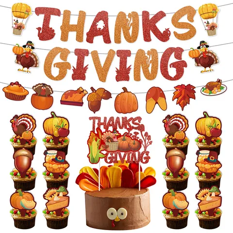 Thanksgiving Banner Garland Cake Toppers Glitter Paper Autumn Harvest Pumpkin Turkey Maple Leaf Acorn Home Party Decor