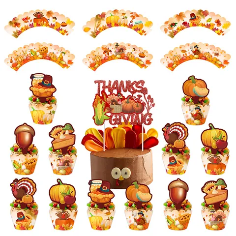 Thanksgiving Cake Toppers And Cupcake Wrappers Glitter Paper Turkey Pumpkin Autumn Leaves Party Decoration For Celebration