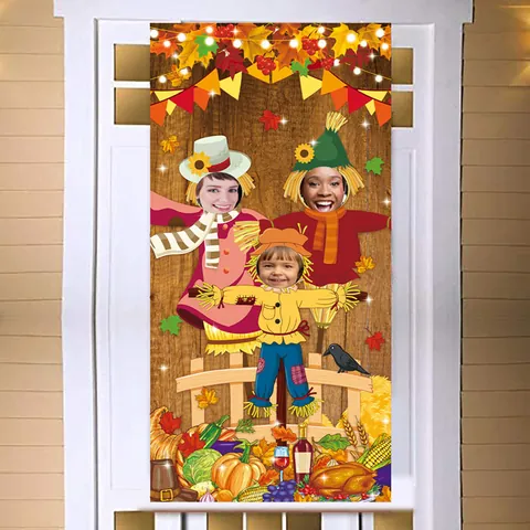 Thanksgiving Photo Booth Prop Banner Harvest Theme Scarecrow Face Cutout Background For Autumn Fall Party Decorations With Rope