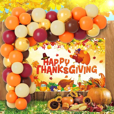 Set Decorazioni Ringraziamento Con Arco Di Palloncini E Sfondo Turchia Zucca Foglia Di Acero Banner Per Festa Autunnale
