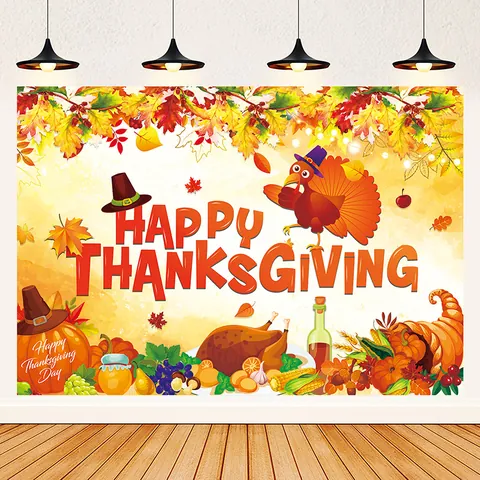 Thanksgiving Backdrop Banner Happy Thanksgiving Party Decorations Fall Harvest Turkey Pumpkin Maple Leaf Pongee Photo Background