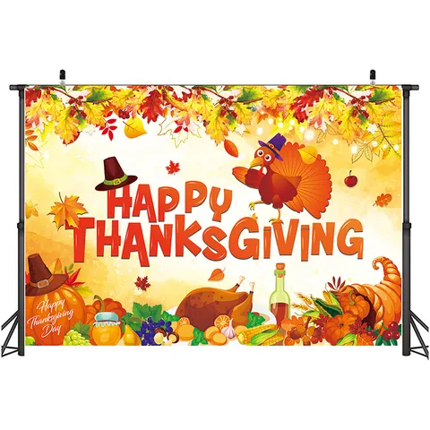 Thanksgiving Backdrop Banner Happy Thanksgiving Party Decorations Fall Harvest Turkey Pumpkin Maple Leaf Pongee Photo Background