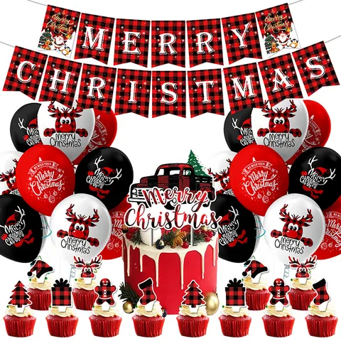 Kit de Decoraciones para Fiesta de Navidad Cuadros Buffalo Banner Merry Christmas Rojo Negro Adornos para Pasteles Camión Globos de Látex