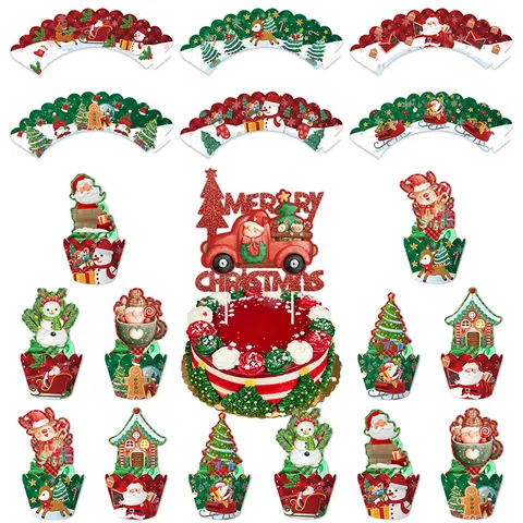 Christmas Cake Toppers And Cupcake Wrappers Red Truck Santa Snowman Reindeer Tree Gingerbread Man Pattern Paper Decor