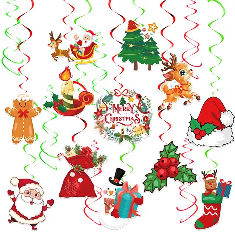 Set Decorazioni Natalizie Appese a Spirale Rosse Verdi Babbo Natale Alce Pupazzo di Neve Ritagli in Cartone Soffitto Festa