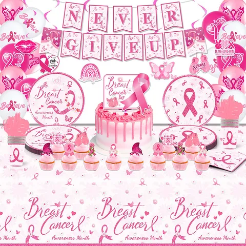 Pink Ribbon Breast Cancer Awareness Party Decorations Never Give Up Banner Balloons Cake Toppers Plates Napkins Tablecloth Kit