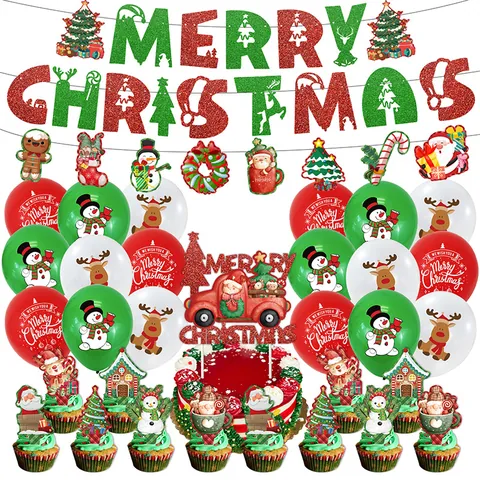 Bannière Pailletée Joyeux Noël Ballons en Latex Rouge Vert Blanc Cake Topper Décorations Suspendues Articles de Fête