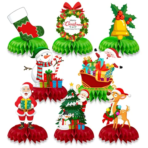 Christmas Honeycomb Paper Table Centerpieces Santa Claus Reindeer Snowman Christmas Tree Ornaments For Holiday Party Decor