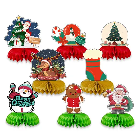Paper Christmas Honeycomb Centerpiece Decorations Santa Snowman Reindeer Tabletop Party Ornaments Holiday Home Decor Supplies