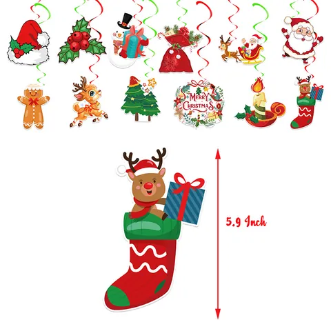 Set Decorazioni Natalizie Appese a Spirale Rosse Verdi Babbo Natale Alce Pupazzo di Neve Ritagli in Cartone Soffitto Festa