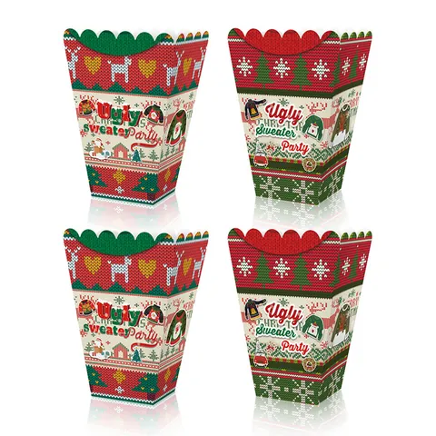 Christmas Ugly Sweater Party Paper Popcorn Boxes Reindeer Snowflakes Pattern Disposable Treat Boxes For Holiday Snack Candy Decor