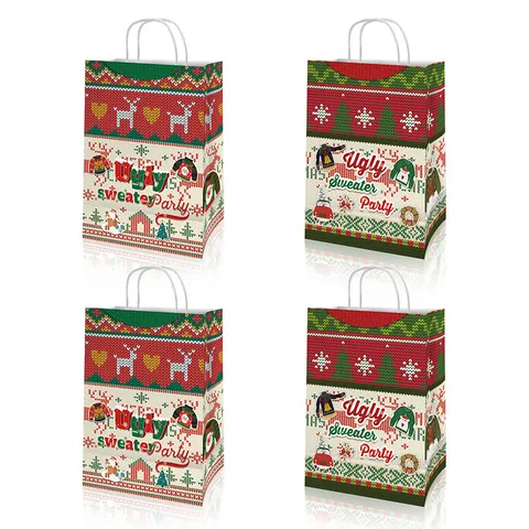 Christmas Ugly Sweater Party Gift Bags Kraft Paper Handbags With Knitted Texture Patterns Reindeer Snowflake Patterns Festive Treat Bags For Holiday Party Favors
