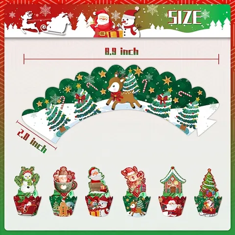 Christmas Cake Toppers And Cupcake Wrappers Red Truck Santa Snowman Reindeer Tree Gingerbread Man Pattern Paper Decor