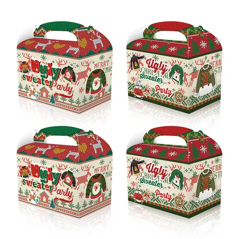 Christmas Ugly Sweater Theme Handheld Gift Boxes White Cardboard Candy Treat Boxes For Holiday Party Favors Red Green Decor