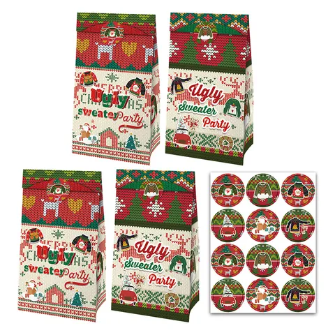 Christmas Ugly Sweater Party Gift Bags Kraft Paper Folding Bags With Stickers Santa Snowman Design Holiday Party Favor