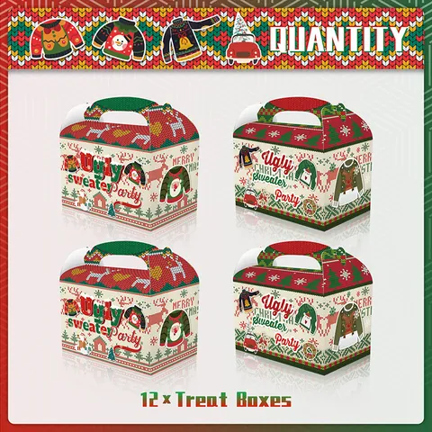 Christmas Ugly Sweater Theme Handheld Gift Boxes White Cardboard Candy Treat Boxes For Holiday Party Favors Red Green Decor