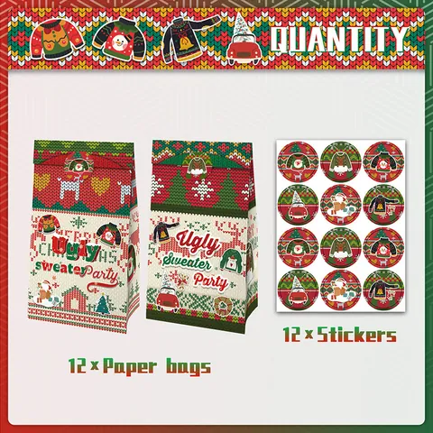 Christmas Ugly Sweater Party Gift Bags Kraft Paper Folding Bags With Stickers Santa Snowman Design Holiday Party Favor