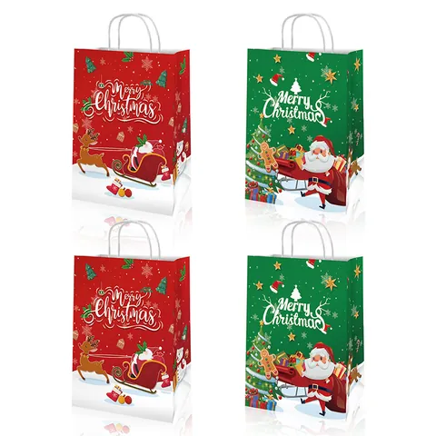 Christmas Kraft Paper Gift Bag Red Green Handheld Holiday Packaging Handbag With Handle Santa Reindeer Snowflake Design
