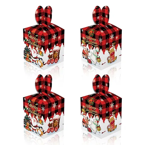 Christmas Treat Boxes Buffalo Plaid Cardboard Gift Boxes With Handle For Party Candy Apple Merry Christmas Reindeer Santa Patterns