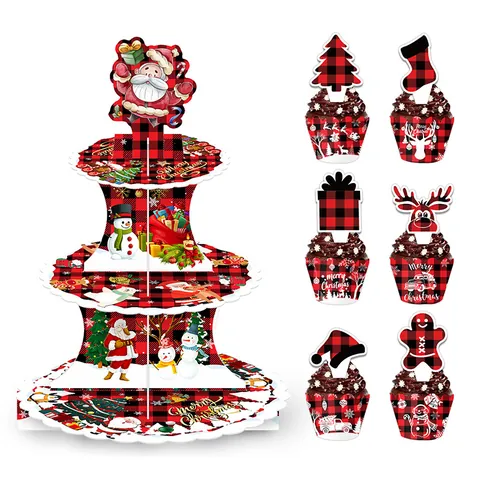 Weihnachten Cupcake Ständer Büffelkaro 3-Stöckig Dessertständer Mit Toppern Und Förmchen Party Tischdeko Set