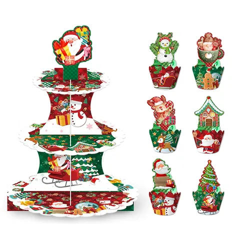 Christmas 3-Tier Cupcake Stand Including Wrappers And Toppers Santa Claus Snowman Reindeer Pattern Cardboard Dessert Display Tower For Holiday Party Decor