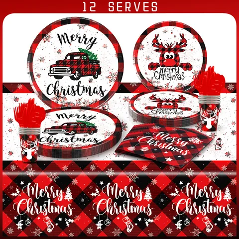 Ensemble De Vaisselle Jetable Noël Carreaux Buffalo Rouge Noir Assiettes En Papier Gobelets Serviettes Couverts Nappe