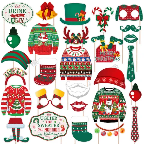 Christmas Party Photo Booth Props Ugly Sweater Theme Santa Reindeer Moustache Glasses Festive Holiday Gathering Decoration Supplies