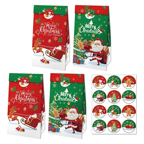 Bolsas De Regalo De Navidad De Papel Kraft Con Pegatinas Papá Noel Reno Muñeco De Nieve Diseño De Doble Cara Para Fiestas