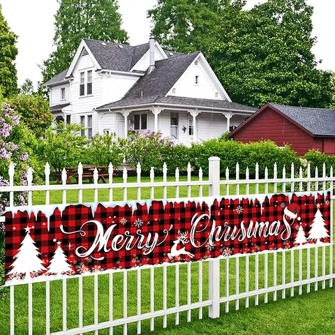 Christmas Buffalo Plaid Merry Christmas Banner Outdoor Garden Yard Fence Decoration Reindeer Snowflake Festive Party Decor