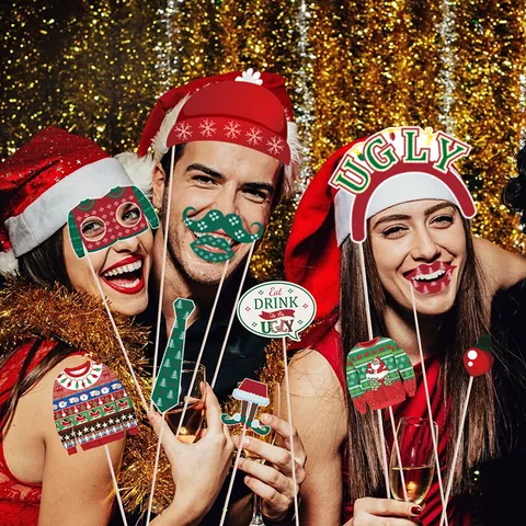 Christmas Party Photo Booth Props Ugly Sweater Theme Santa Reindeer Moustache Glasses Festive Holiday Gathering Decoration Supplies