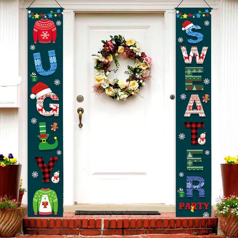 Christmas Ugly Sweater Party Porch Banner Polyester Door Hanging Flag Decoration For Home Outdoor Xmas Holiday Party Supplies