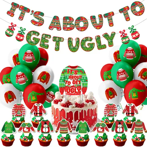 Christmas Ugly Sweater Theme Party Decoration Banner Cake Toppers Balloons Red Green White Holiday Decor Collection