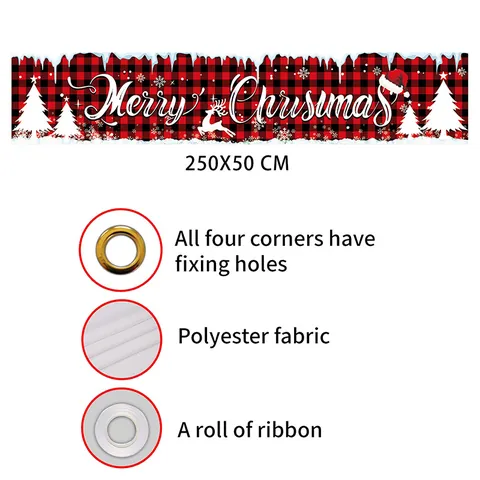 Christmas Buffalo Plaid Merry Christmas Banner Outdoor Garden Yard Fence Decoration Reindeer Snowflake Festive Party Decor