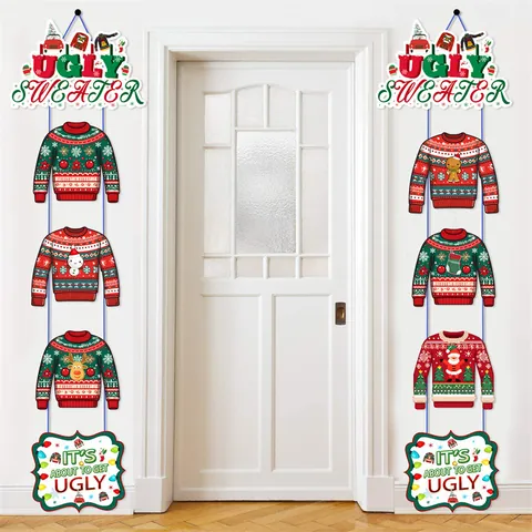 Christmas Ugly Sweater Banner Hanging Sign Door Porch Decor Paper Cardstock Ugly Sweater Party Supplies Wall Decoration For Xmas Holiday Home
