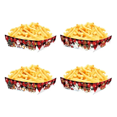 Christmas Snack Trays Buffalo Plaid White Cardboard Treat Boxes Disposable Party Food Containers Santa Reindeer Design