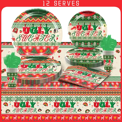 Vaisselle Jetable Motif Ugly Sweater de Noël Assiettes Gobelets Serviettes Couverts Nappe pour Décoration de Fête