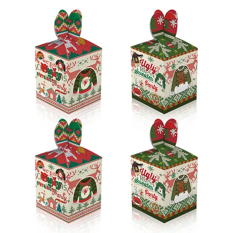 Christmas Ugly Sweater Party Gift Boxes White Cardboard Santa Reindeer Pattern Festive Candy Treat Boxes For Holiday Party