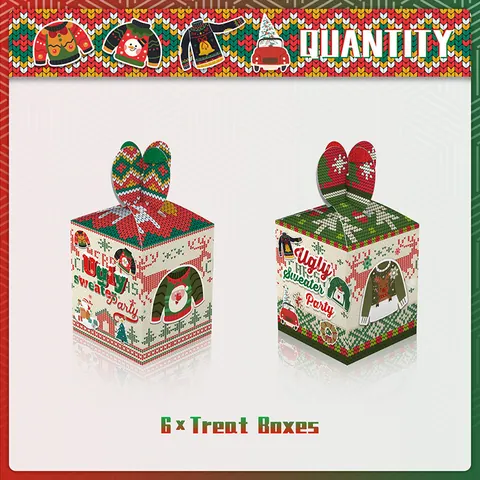 Christmas Ugly Sweater Party Gift Boxes White Cardboard Santa Reindeer Pattern Festive Candy Treat Boxes For Holiday Party