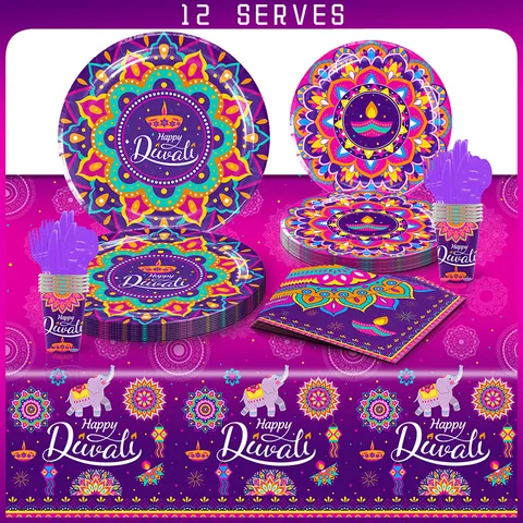 Vaisselle de Fête Happy Diwali Violet Mandala Assiettes Gobelets Serviettes Couverts Nappe Jetables Accessoires de Célébration