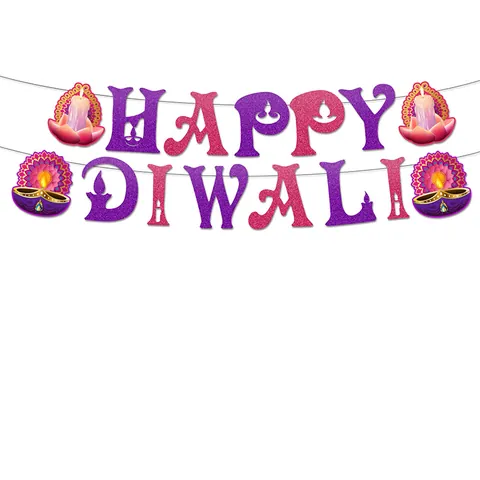 Striscione Glitter Happy Diwali Ghirlanda Di Carta Sfumata Viola Rosa Con Diya Loto Per Decorazione Festa Festival Luci