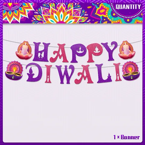Striscione Glitter Happy Diwali Ghirlanda Di Carta Sfumata Viola Rosa Con Diya Loto Per Decorazione Festa Festival Luci