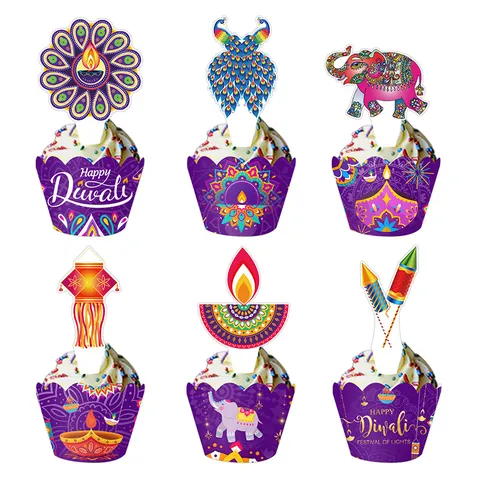 Diwali Festival Of Lights Cake Toppers And Wrappers Peacock Elephant Diya Mandala Pattern Cupcake Decorations Party Supplies
