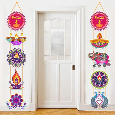 Banner da Portico Happy Diwali Decorazione per Porta in Cartoncino Mandala Elefante Pavone Tema Indiano Festa